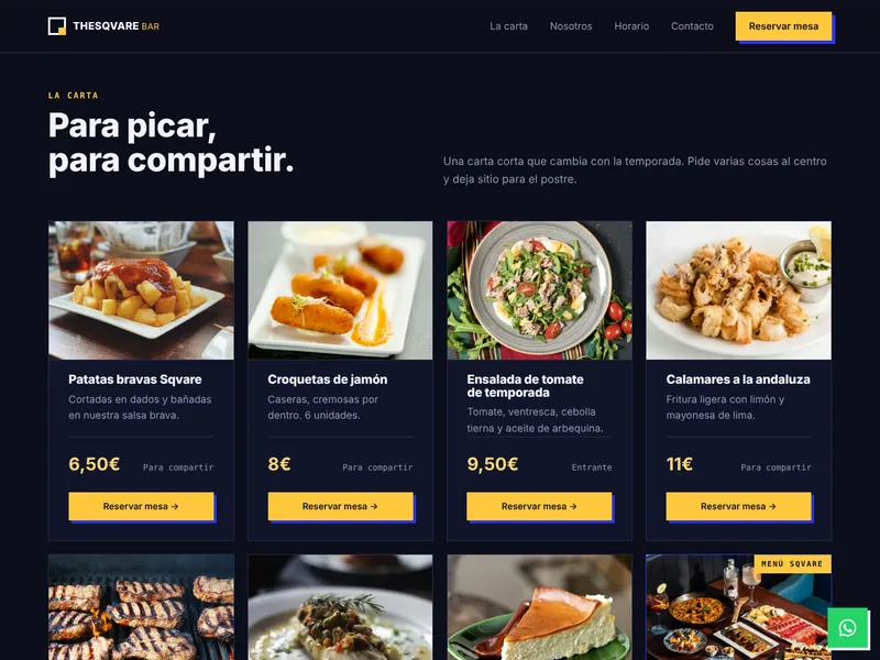 Web de ejemplo de TheSqvare Bar: carta con fotos y reserva de mesa