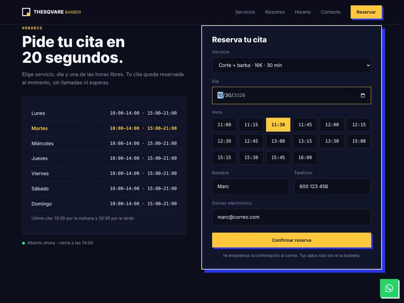 Web de ejemplo de TheSqvare Barber: barbería con citas online